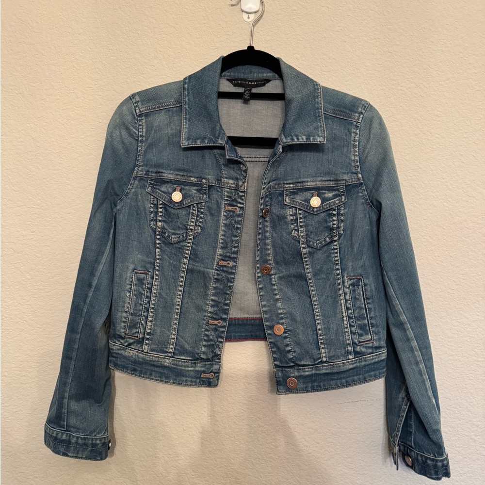 White House Black Market Cropped Light Blue Jean Jacket